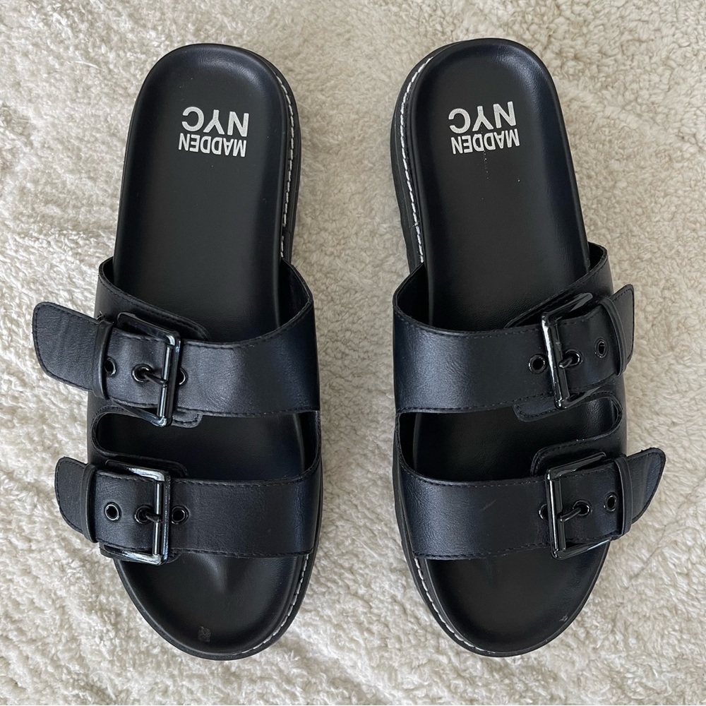 NWOT Madden NYC Black Double Buckle Flatforms Sz 8.5 - Picture 2 of 11